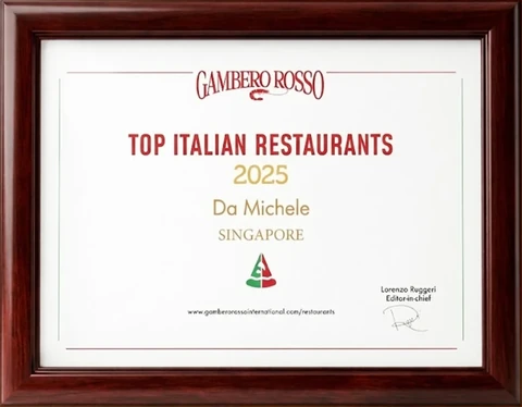 Gambero Rosso Top Italian Restaurants 2025 certificate, Da Michele Singapore